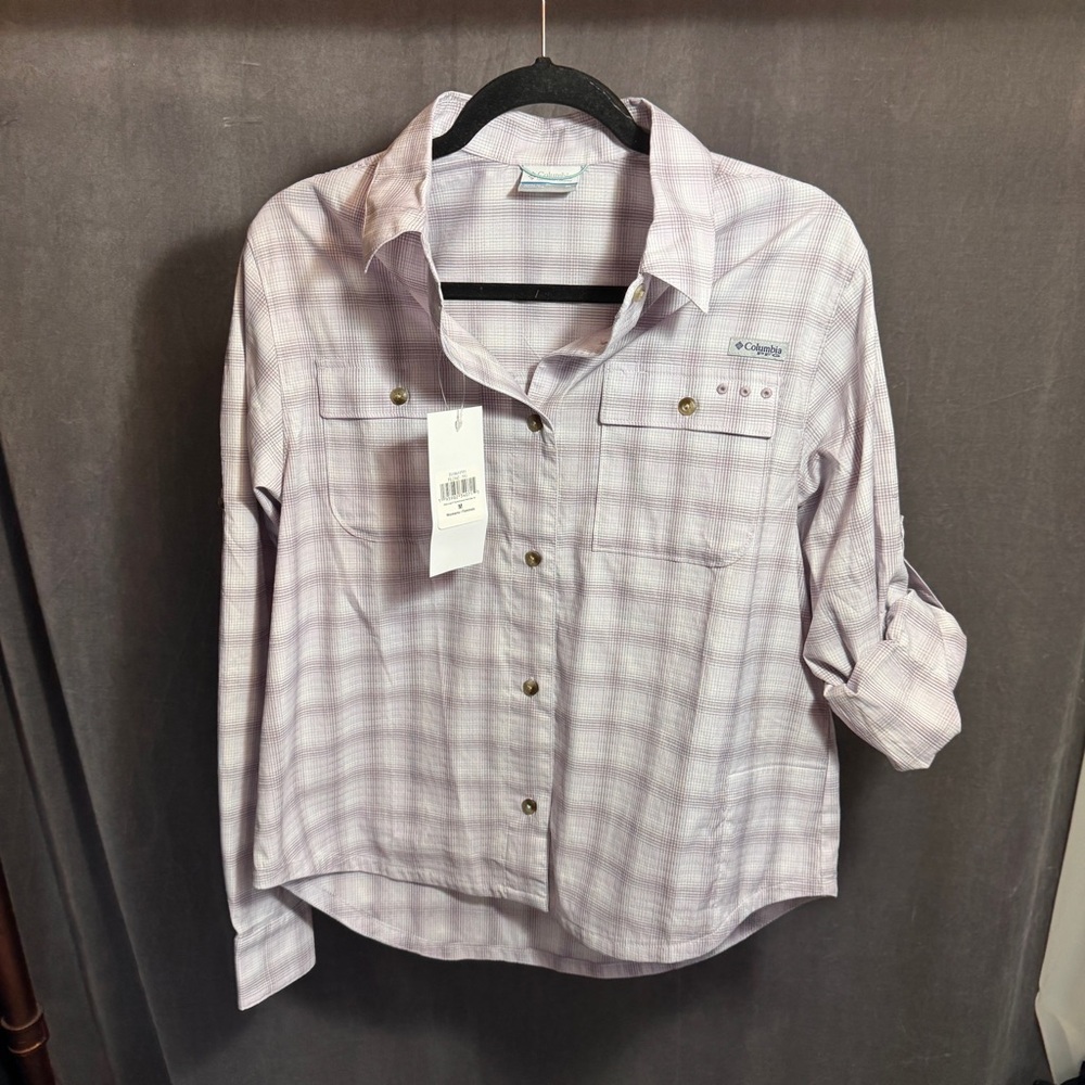 Columbia PFG Wild Cast women’s M medium angler Lavender Checkered LS Shirt